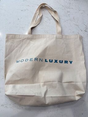 Modern Luxury Canvas Tote - Natural with Blue Logo